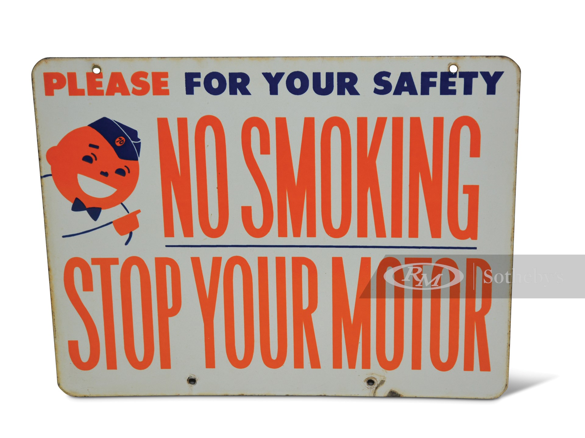 Union&#39; &quot;No Smoking Stop Your Motor&quot; with Speedy Porcelain Sign | Auburn Fall 2019 | RM Auctions