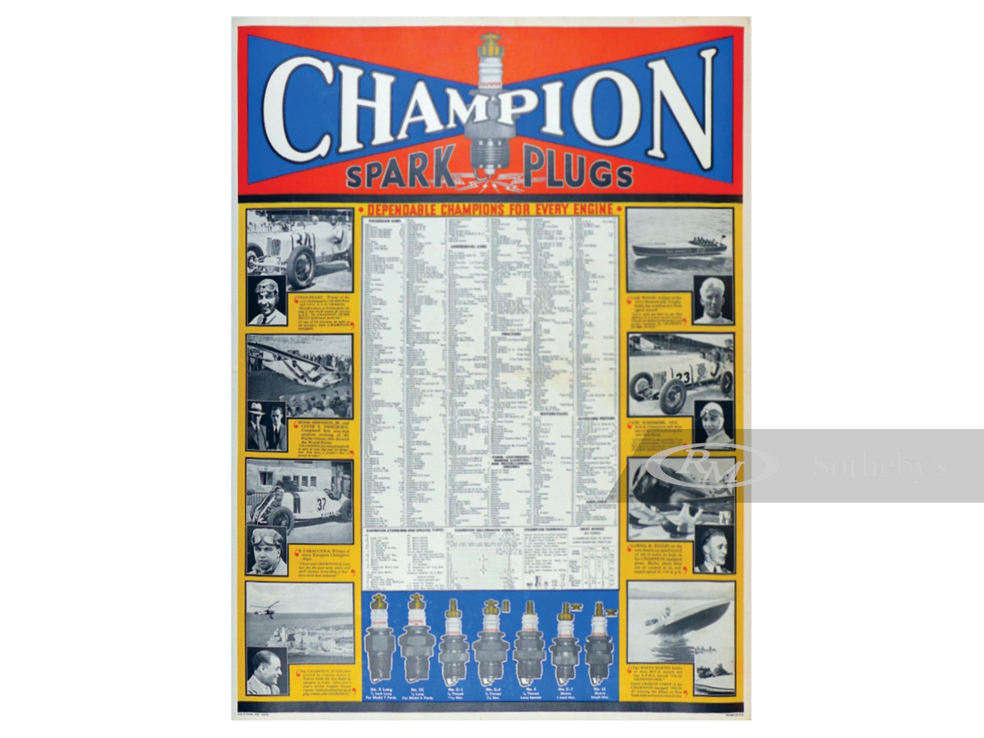 Champion Spark Plugs Chart, 1932 Original Racing Posters, 19251972