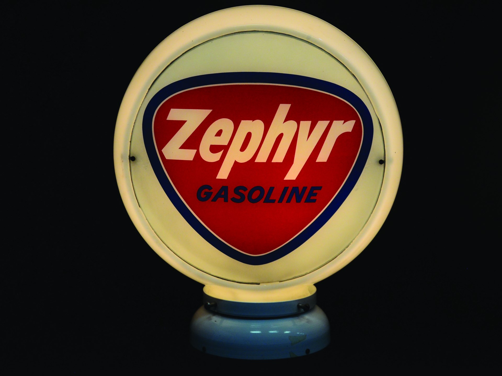 An original Zephyr Gasoline widebody milk glass gas globe. | Auburn ...