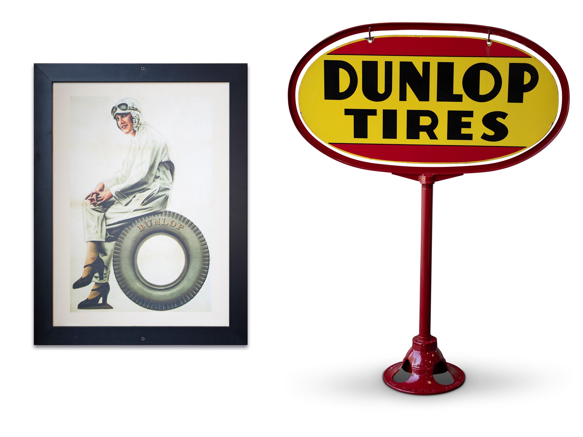 dunlop-tires-double-sided-porcelain-sign-with-stand-and-framed-poster