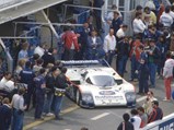 The car prepares to leave the pits at the 1986 24 Hours of Le Mans.