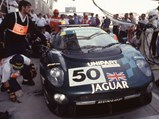 The Jaguar halts for a pit stop during the 1993 24 Hours of Le Mans.