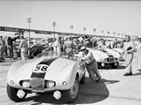 Arnolt Bristol car 58 at 1955 Sebring 12 Hours race, team principal and driver "Wacky" Arnolt at right in racing gear; Rene Dreyfus (French driver and New York restauranteur) is in light suit with dark armband directly beyond car, just in line with our view of car's racing stripes; PHOTO BY Ozzie Lyons 1955