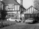 Rod Stewart’s girlfriend poses with his Lamborghini Miuras outside his home in Southgate circa 1971-1972.
