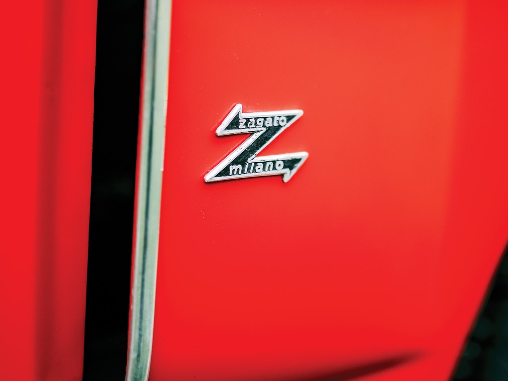 Zagato badge on 1955 Maserati A6G2000 Berlinetta Zagato offered at RM Sothebys Villa Erba live auction 2019